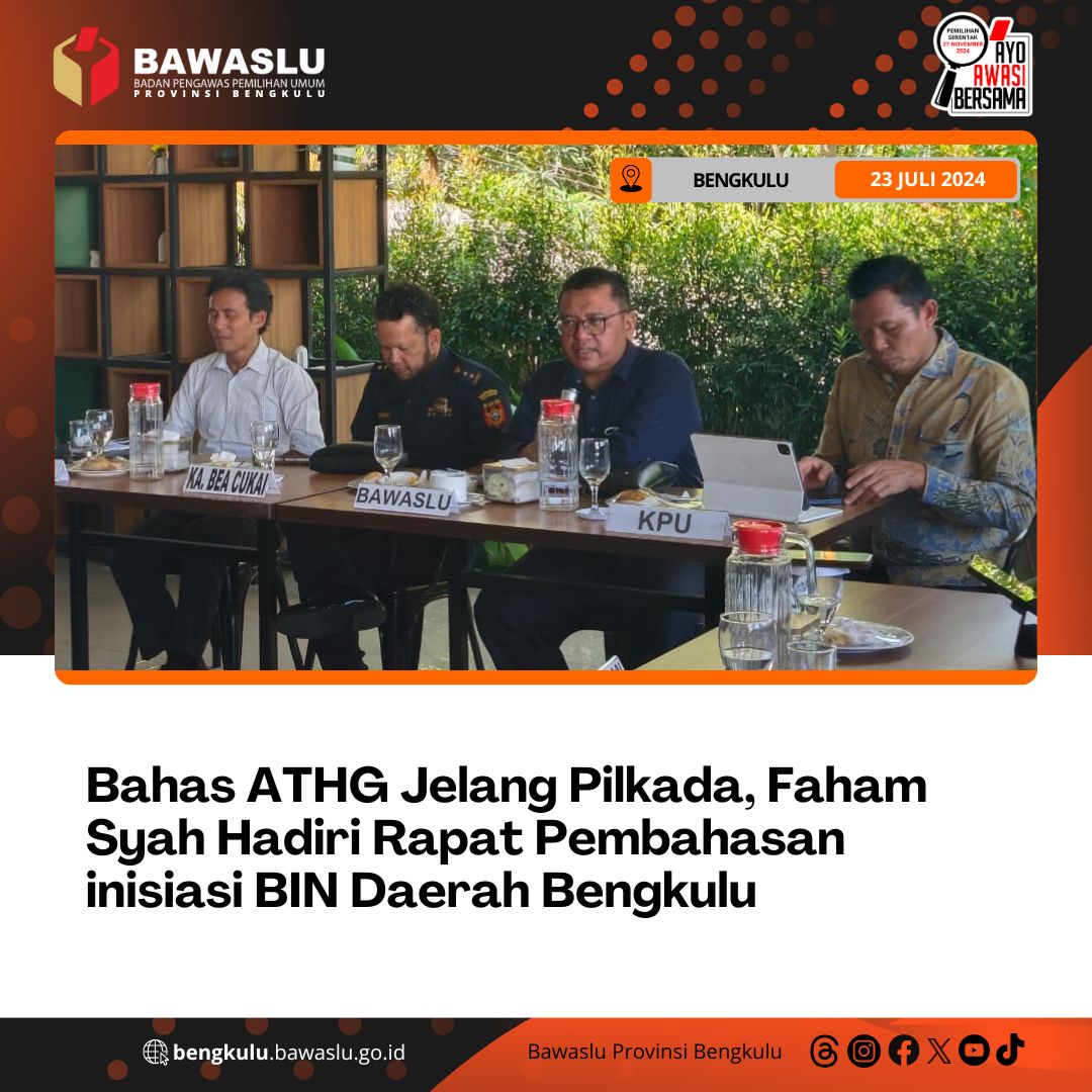 Bahas ATHG Jelang Pilkada, Faham Syah Hadiri Rapat Pembahasan inisiasi BIN Daerah Bengkulu