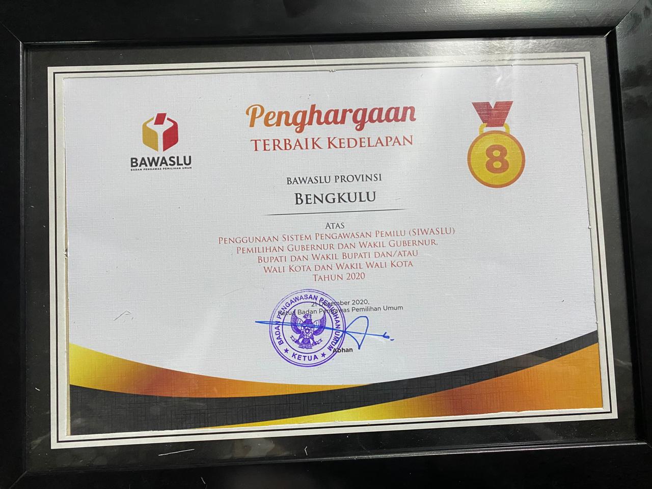 Mantap! Bawaslu Provinsi Bengkulu Raih Peringkat Terbaik ke-8 Pengguna SIWASLU