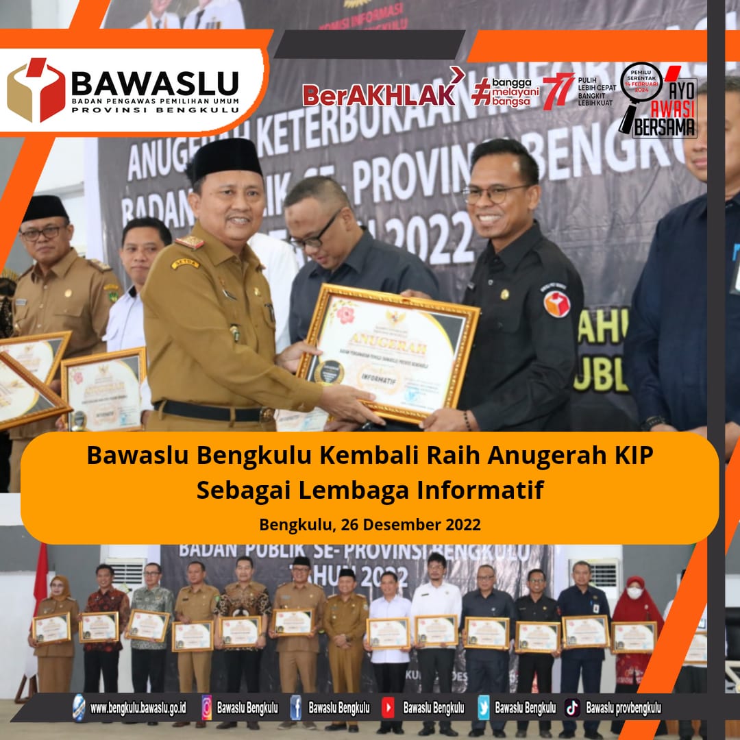 Bawaslu Bengkulu Kembali Raih Anugerah KIP Sebagai Lembaga Informatif