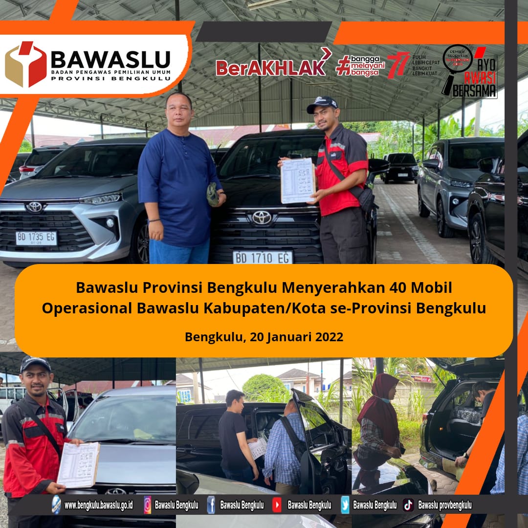 Bawaslu Provinsi Bengkulu Menyerahkan 40 Mobil Operasional Bawaslu Kabupaten/Kota se-Provinsi Bengkulu