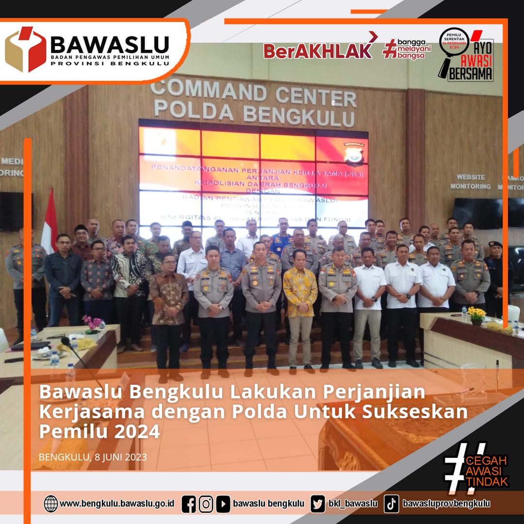 Bawaslu Bengkulu Lakukan Perjanjian Kerjasama dengan Polda Untuk Sukseskan Pemilu 2024