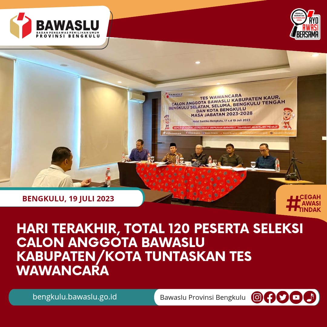 Hari Terakhir, Total 120 Peserta Seleksi Calon Anggota Bawaslu Kabupaten/Kota Tuntaskan Tes Wawancara