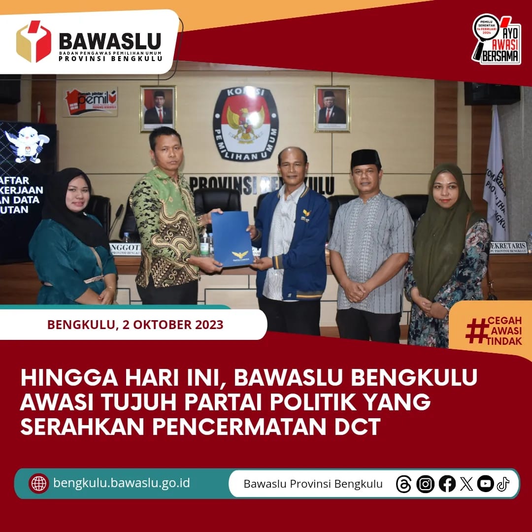 Hingga Hari Ini, Bawaslu Bengkulu Awasi Tujuh Partai Politik yang Serahkan Pencermatan DCT