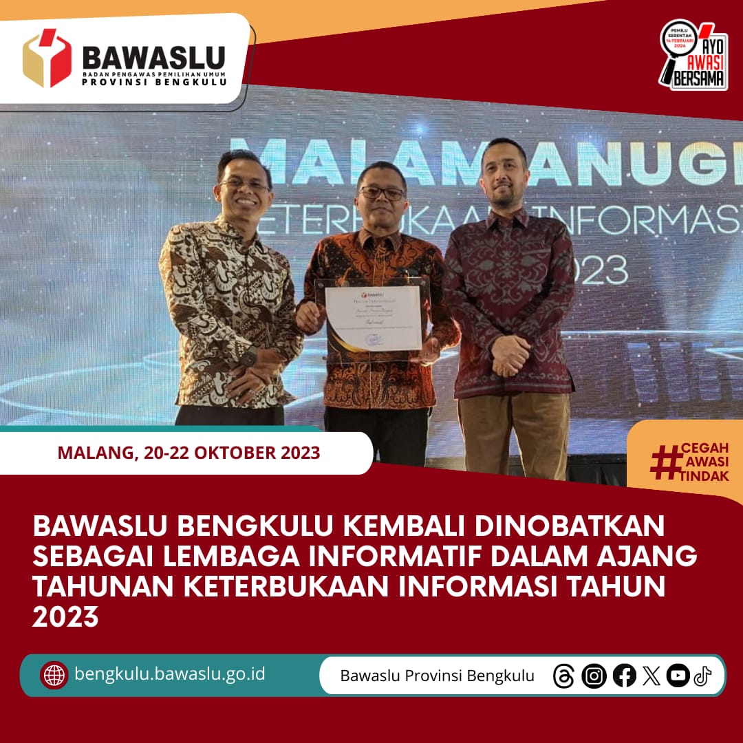 Bawaslu Bengkulu kembali Dinobatkan sebagai Lembaga Informatif dalam Ajang Tahunan Keterbukaan Informasi Tahun 2023