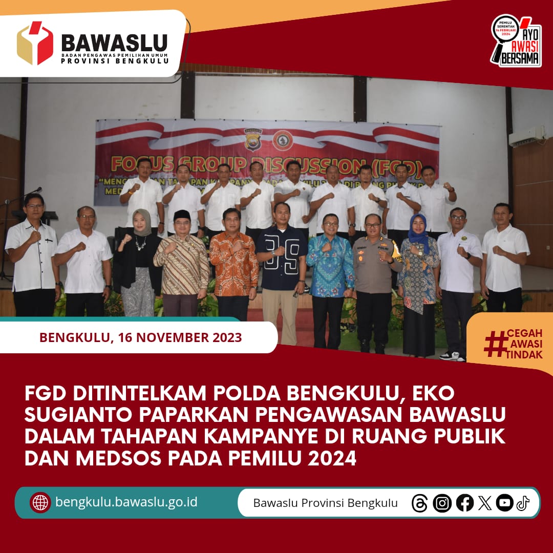 FGD Ditintelkam Polda Bengkulu, Eko Sugianto Paparkan Pengawasan Bawaslu dalam Tahapan Kampanye di Ruang Publik dan Medsos pada Pemilu 2024