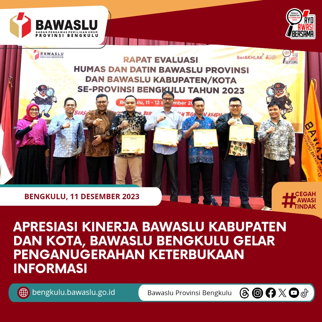 Apresiasi Kinerja Bawaslu Kabupaten dan Kota, Bawaslu Bengkulu Gelar Penganugerahan Keterbukaan Informasi