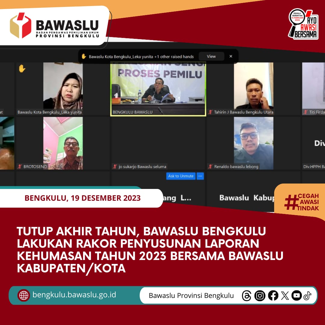 Tutup Akhir Tahun, Bawaslu Bengkulu Lakukan Rakor Penyusunan Laporan Kehumasan Tahun 2023 bersama Bawaslu Kabupaten/Kota