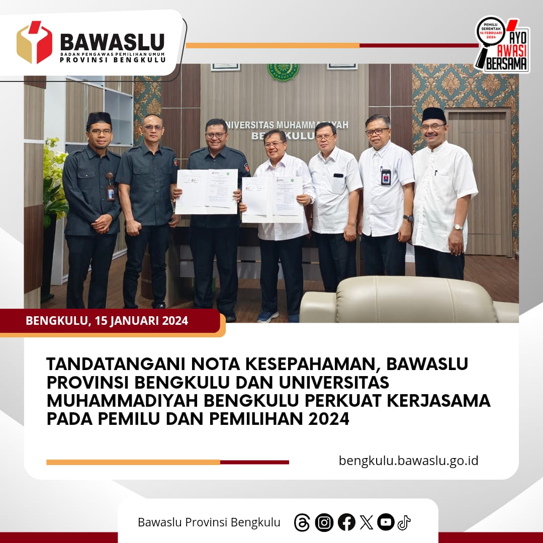 Tandatangani Nota Kesepahaman, Bawaslu Provinsi Bengkulu dan Universitas Muhammadiyah Bengkulu Perkuat Kerjasama pada Pemilu dan Pemilihan 2024