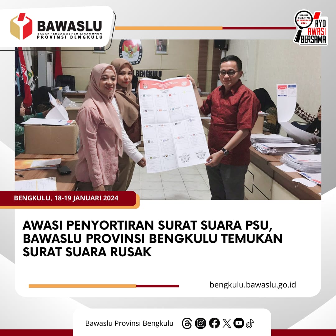 Awasi Penyortiran Surat Suara PSU, Bawaslu Provinsi Bengkulu temukan Surat Suara Rusak