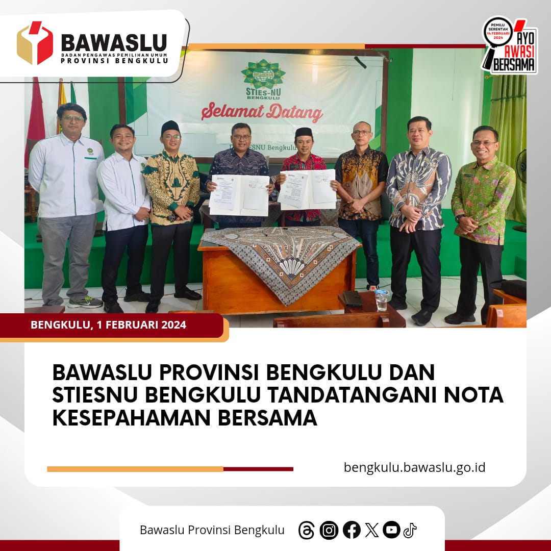 Bawaslu Provinsi Bengkulu dan STIESNU Bengkulu tandatangani Nota Kesepahaman Bersama