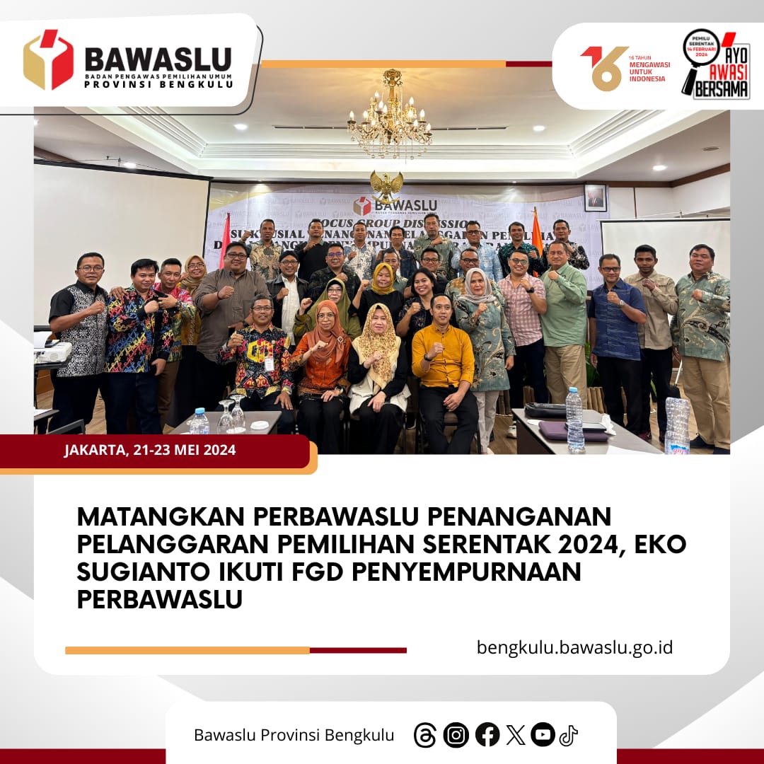 Matangkan Perbawaslu Penanganan Pelanggaran Pemilihan Serentak 2024, Eko Sugianto Ikuti FGD Penyempurnaan Perbawaslu
