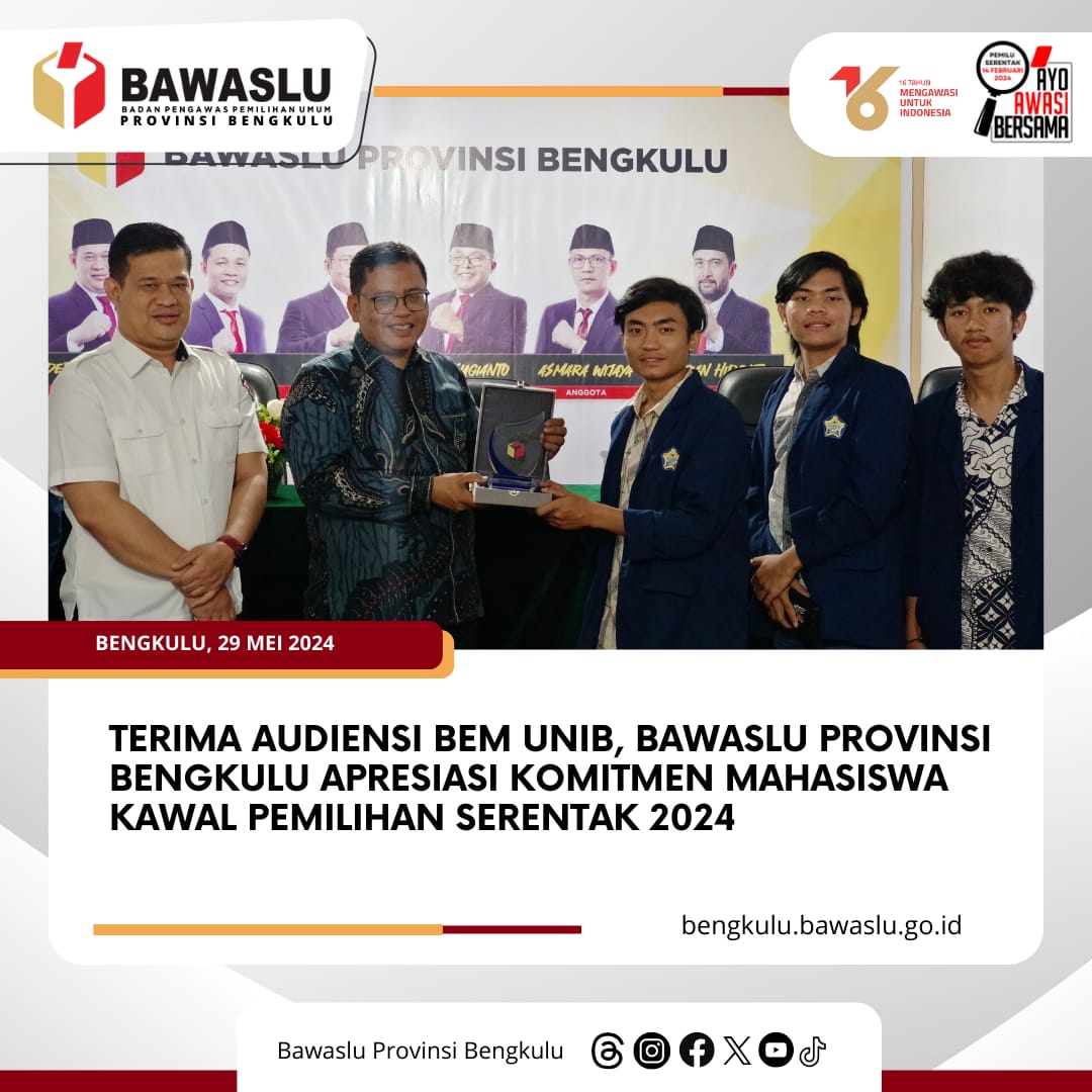 Terima Audiensi BEM Unib, Bawaslu Provinsi Bengkulu Apresiasi Komitmen Mahasiswa Kawal Pemilihan Serentak 2024