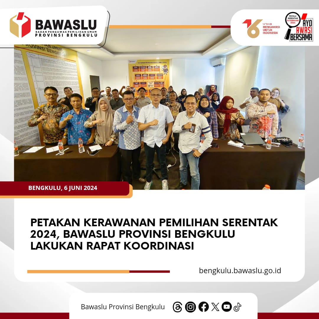 Petakan Kerawanan Pemilihan Serentak 2024, Bawaslu Provinsi Bengkulu Lakukan Rapat Koordinasi