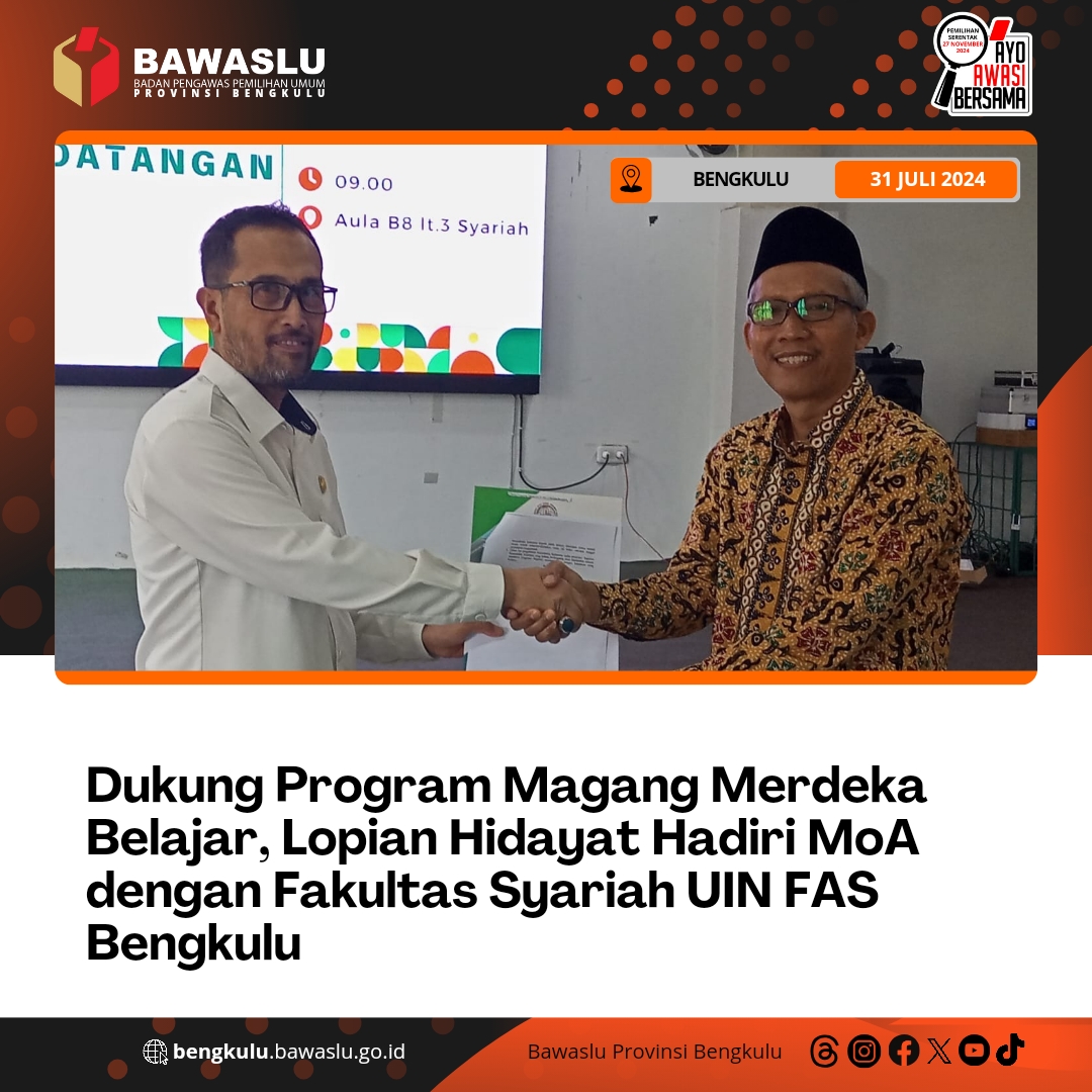 Dukung Program Magang Merdeka Belajar, Lopian Hidayat Hadiri MoA dengan Fakultas Syariah UIN FAS Bengkulu