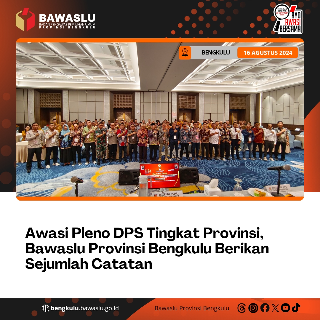 Awasi Pleno DPS Tingkat Provinsi, Bawaslu Provinsi Bengkulu Berikan Sejumlah Catatan