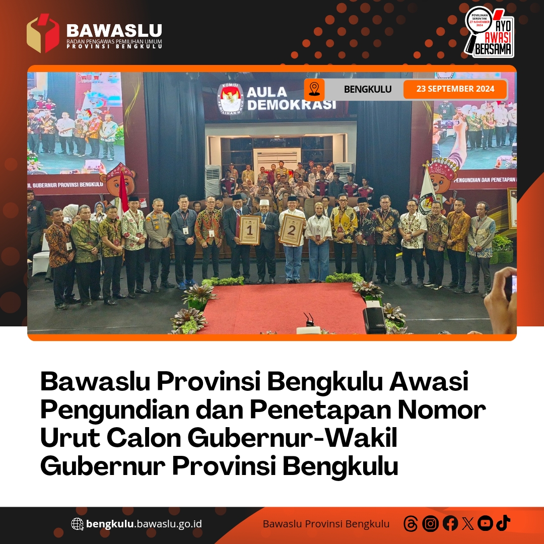Bawaslu Provinsi Bengkulu Awasi Pengundian dan Penetapan Nomor Urut Calon Gubernur-Wakil Gubernur Provinsi Bengkulu