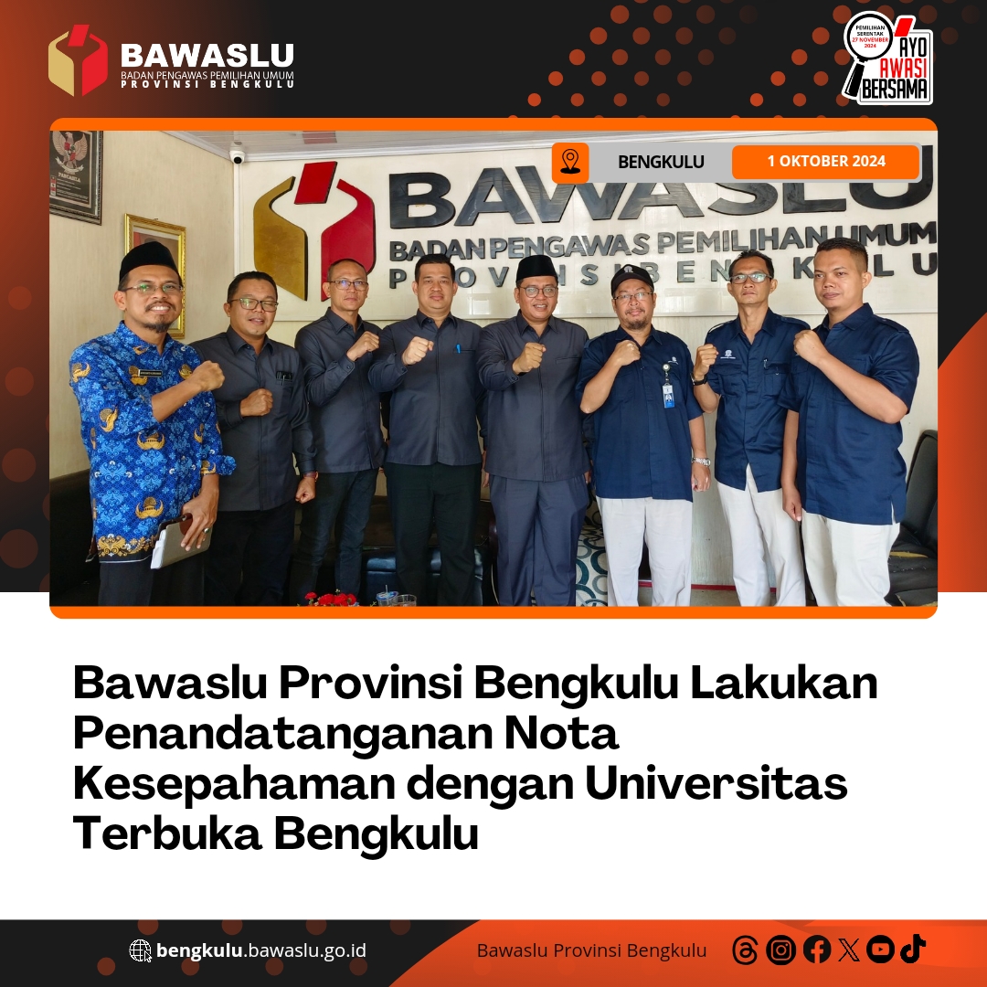 Bawaslu Provinsi Bengkulu Lakukan Penandatanganan Nota Kesepahaman dengan Universitas Terbuka Bengkulu