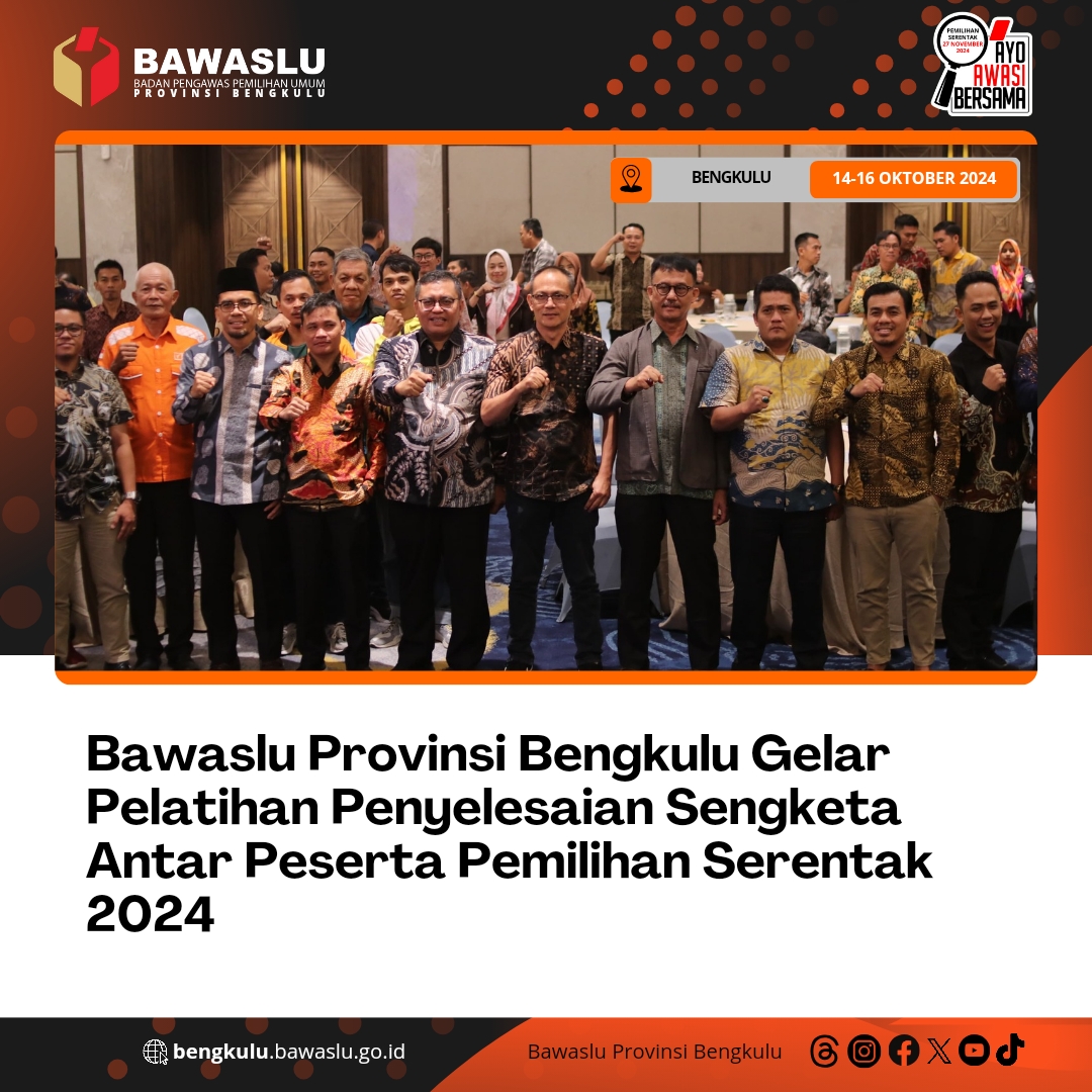 Bawaslu Provinsi Bengkulu Gelar Pelatihan Penyelesaian Sengketa Antar Peserta Pemilihan Serentak 2024