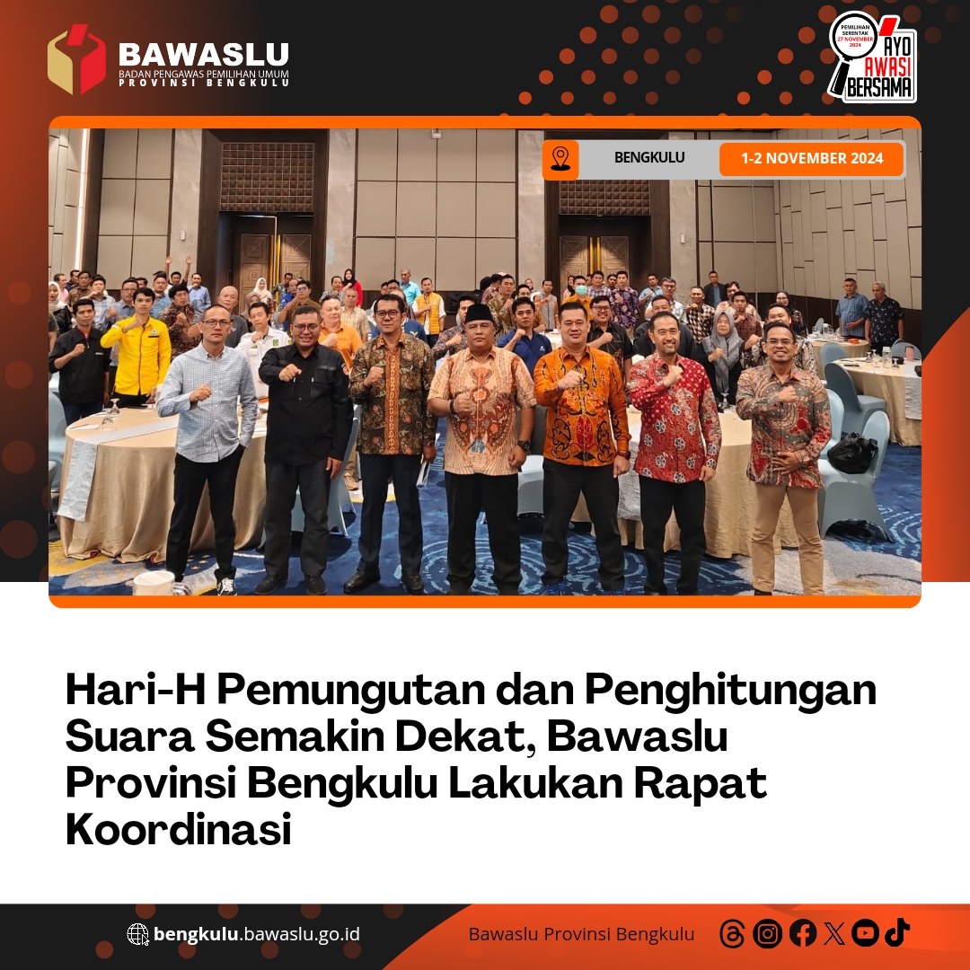Hari-H Pemungutan dan Penghitungan Suara Semakin Dekat, Bawaslu Provinsi Bengkulu Lakukan Rapat Koordinasi