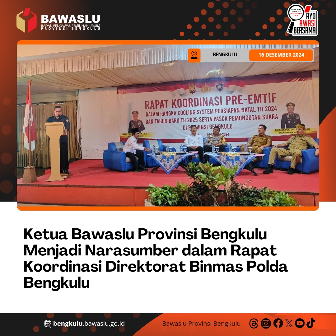 Ketua Bawaslu Provinsi Bengkulu Menjadi Narasumber dalam Rapat Koordinasi Direktorat Binmas Polda Bengkulu