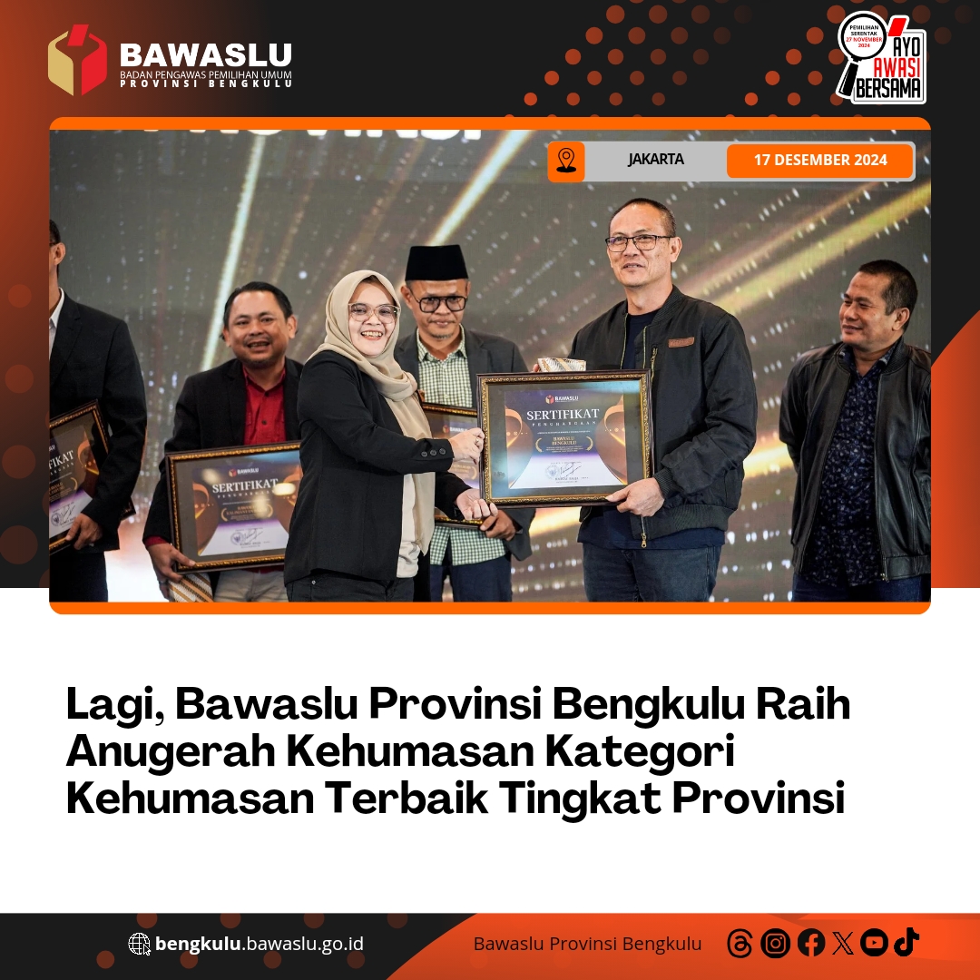 Lagi, Bawaslu Provinsi Bengkulu Raih Anugerah Kehumasan Kategori Kehumasan Terbaik Tingkat Provinsi