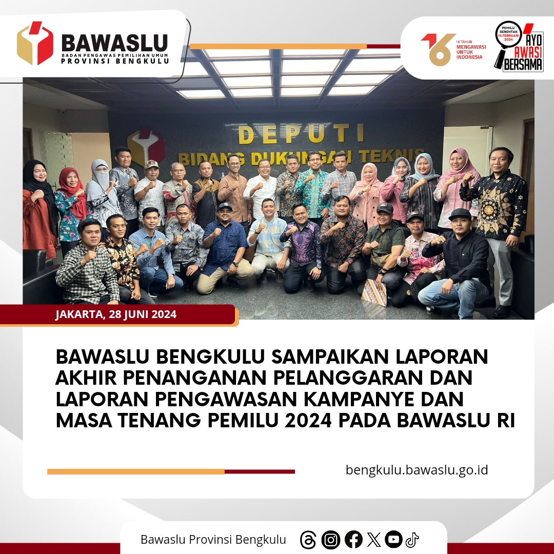 Bawaslu Bengkulu Sampaikan Laporan Akhir Penanganan Pelanggaran dan Laporan Pengawasan Kampanye dan Masa Tenang Pemilu 2024 pada Bawaslu RI