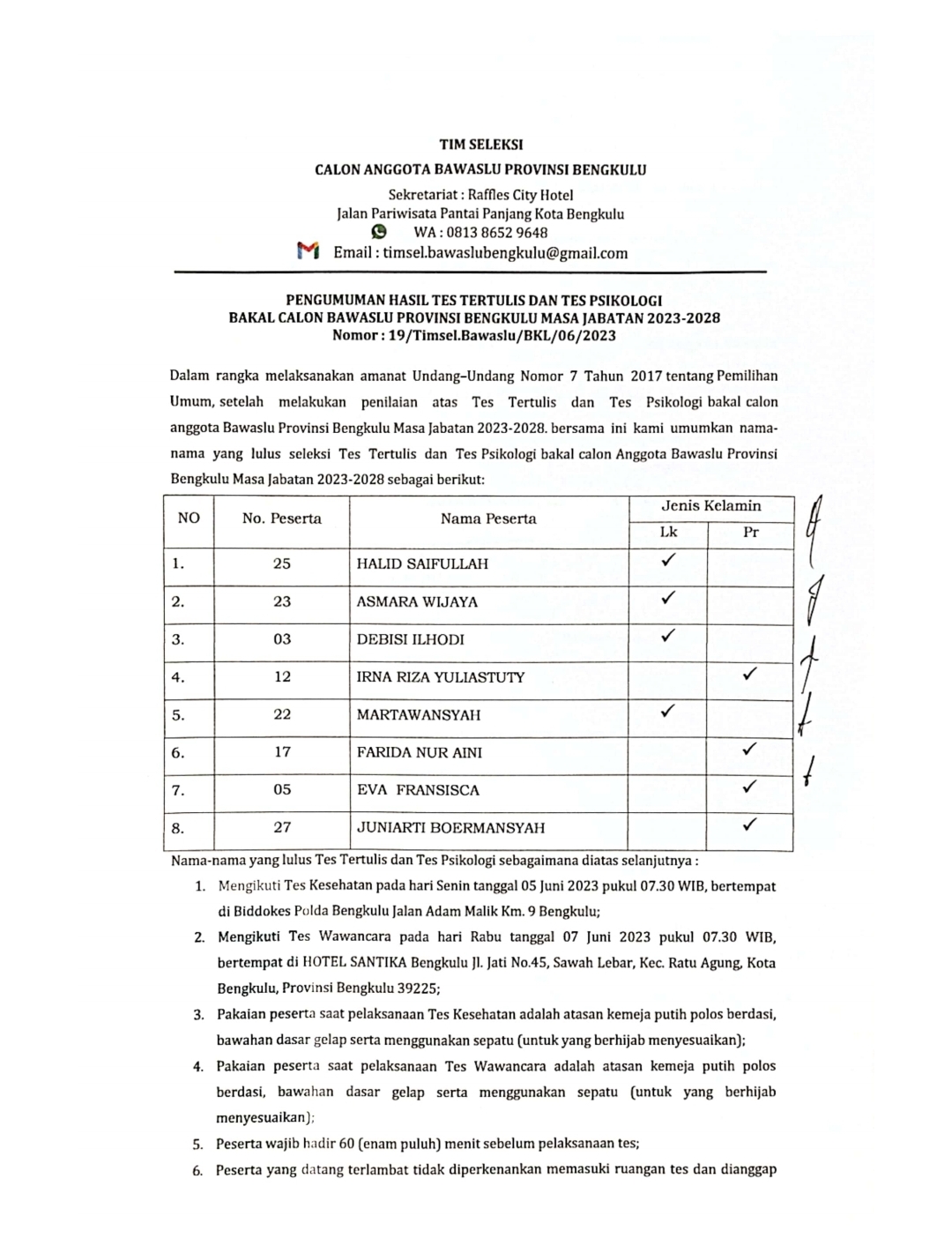 PENGUMUMAN HASIL TES TERTULIS DAN TES PSIKOLOGI  BAKAL CALOX BAWASLV PROVINSI BENGKULU MASA JABATAN 2023-2028  Nomor: 19/TimseI.Bawaslu/BKL/06/2023