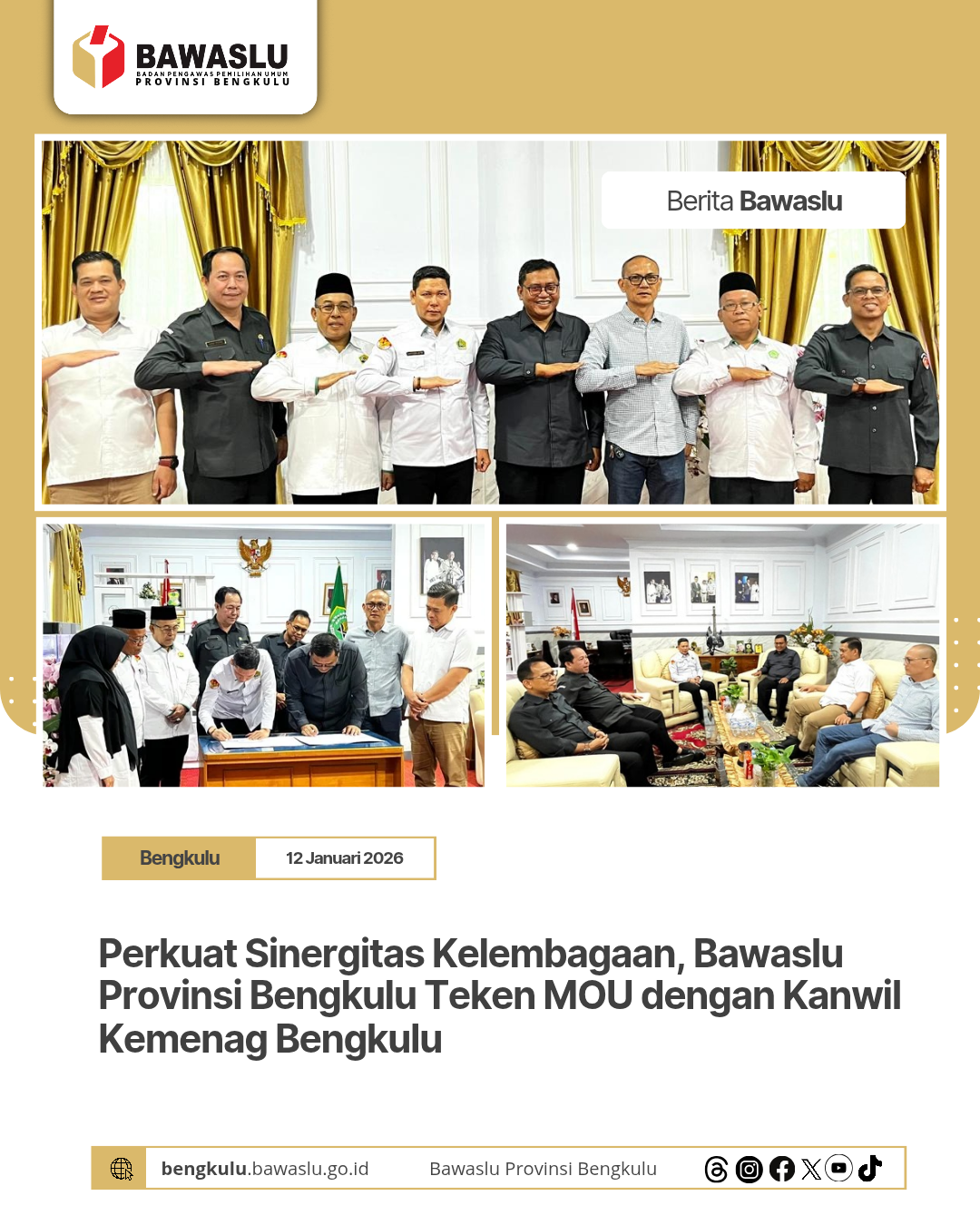 Perkuat Sinergitas Kelembagaan, Bawaslu Provinsi Bengkulu Teken MOU dengan Kanwil Kemenag Bengkulu