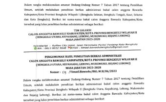 PENGUMUMAN HASIL PENELITIAN BERKAS ADMINISTRASI  CALON ANGGOTA BAWASLU KABUPATEN/KOTA PROVINSI BENGKULU  Â WILAYAH I dan WILAYAH II MASA JABATAN 2023-2028